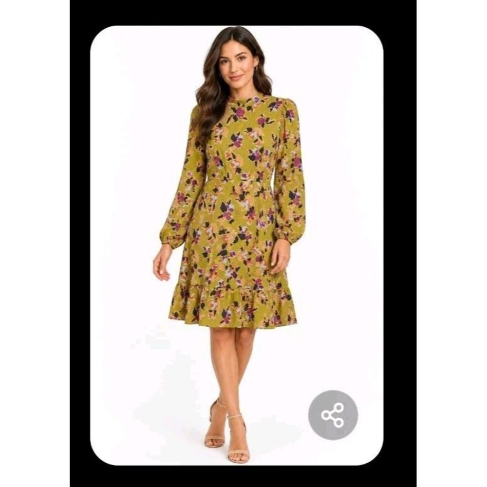 French Paris Women's Floral Print Longsleeves Knee Length Ruffle Hem Dress Med